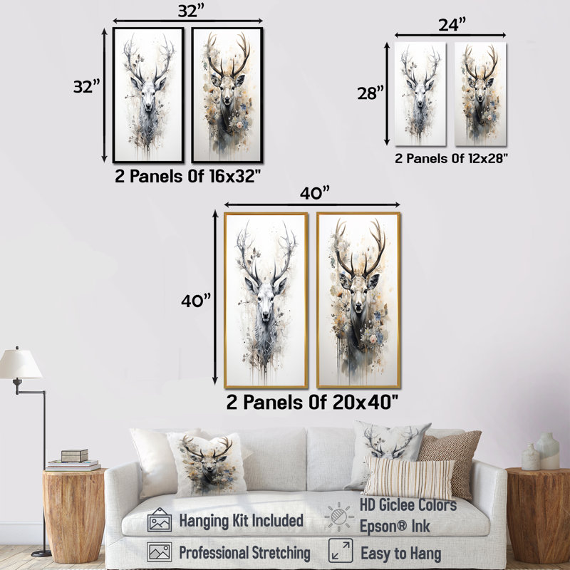 Portrait de cerf noir et blanc - ensemble de 2 reproductions d'art sur toile, Encadrement brun, H 32 po x l 33 po