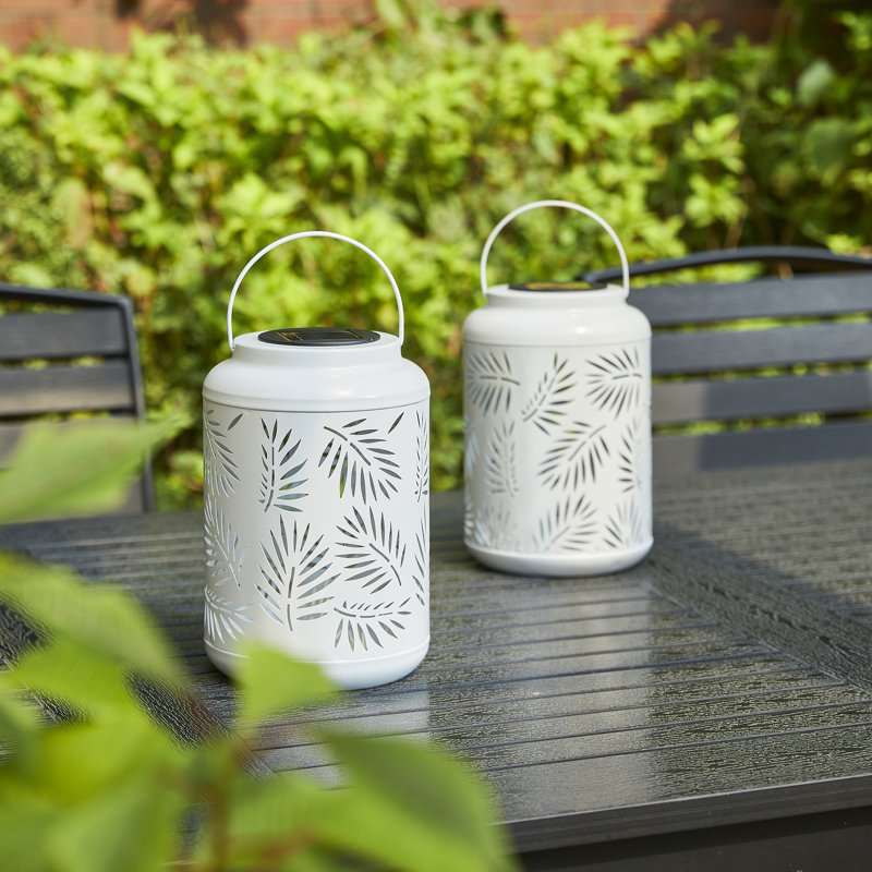 8.75"H White Metal Solar Powered Outdoor Hanging Lantern With LED Light(Set Of 2)