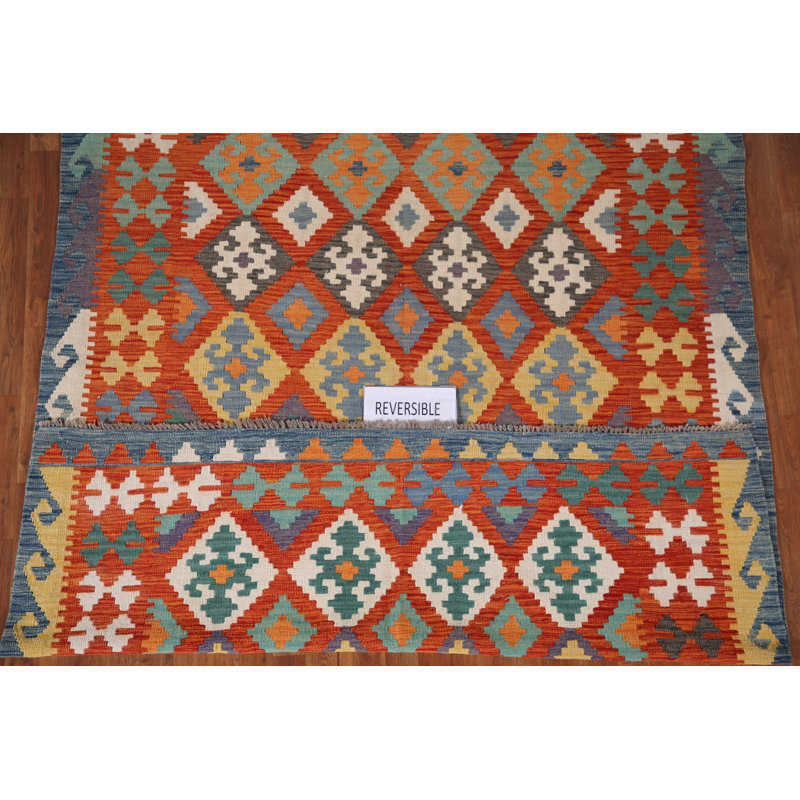 Tapis de salon orange en laine Kilim 6 x 10