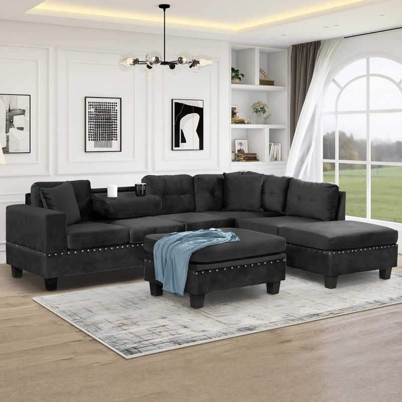 Canapé modulaire 105 po avec repose-pieds de rangement 105 po, Velours noir