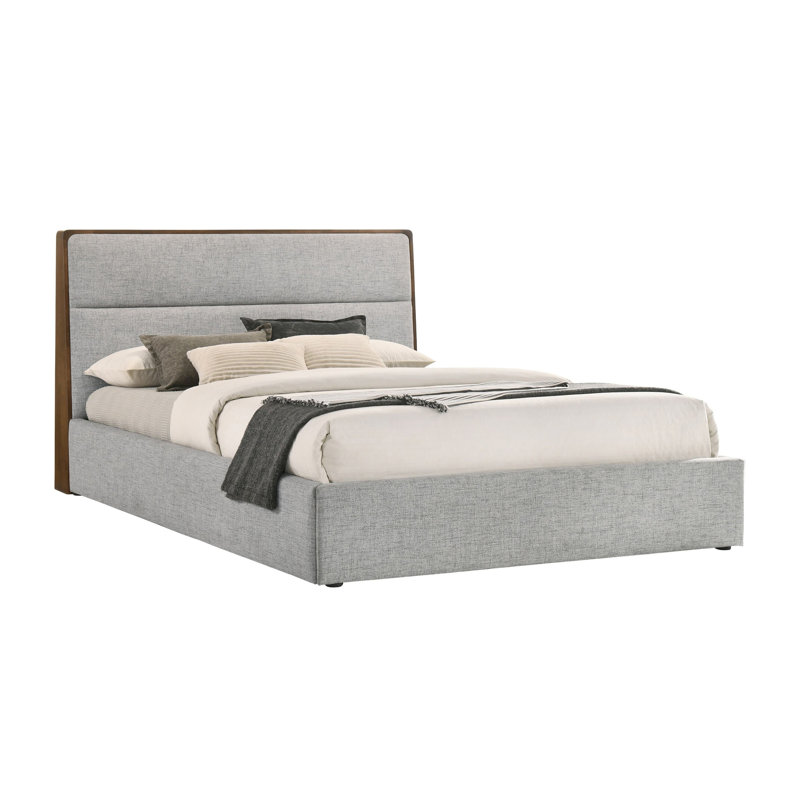 Aki King Platform Bed, Cushioned Grey Polyester Upholstery, Walnut Brown, King