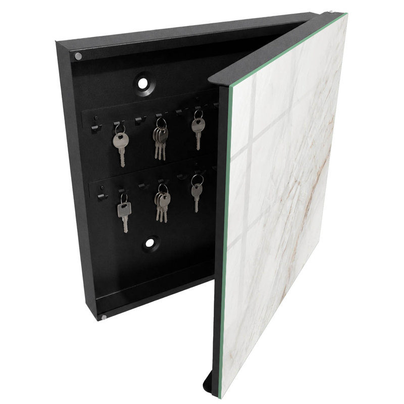 Decorative key box for wall, Opens to the right, 30x30x5, Black, Beige lines, subtle elegance, simplicity, 