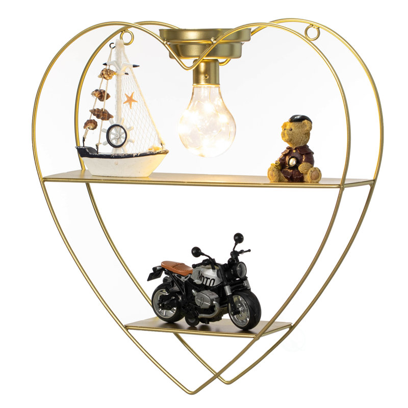 House of Hampton® Heart-shaped 2-tier Floating Metal Wall Shelf With Overhead Light Bulb – Decorative Wall-mounted Shelf For Bedroom, Living Room, Hallway, Bathroom, Or Entryway Decor, Gold Finish
