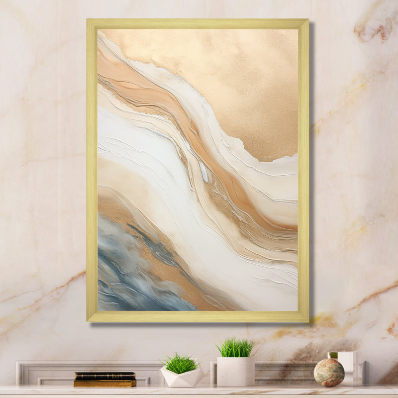Or et bleu plage sable fusion - art mural abstrait salon, Cadre doré simple, H 40 po x l 30 po x P 1,5 po