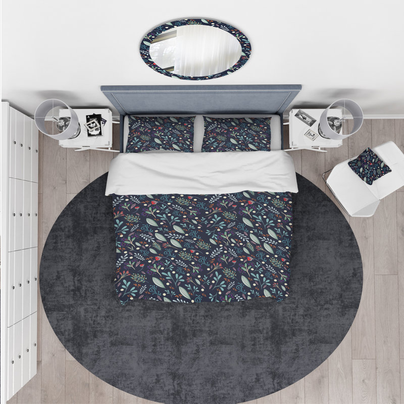 Sparkling Forest Leaves on Dark Blue - Eclectic Nature Duvet Cover Set - Microfiber Polyester, Twin Duvet Cover + 1 Sham