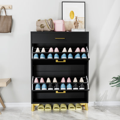 Space Shoe Cabinet For Doorway - 2 Flip Drawers, Black, & Organizer Entryway Box Shelf Unit ,