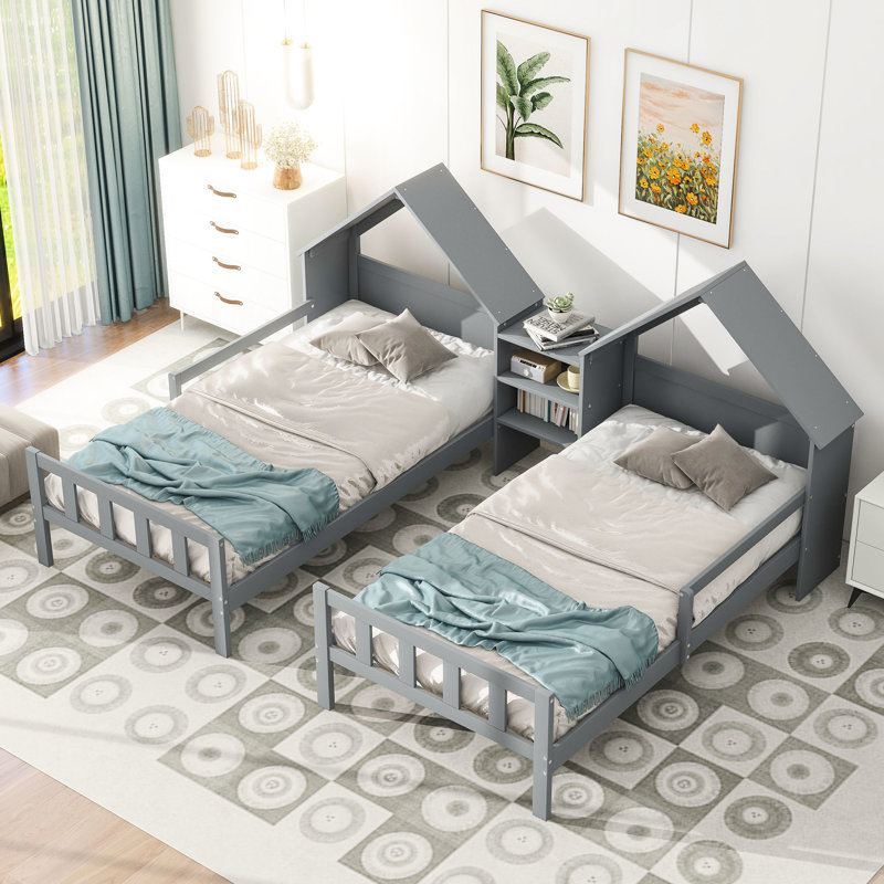 Lit double simple avec tête de lit en forme de maison et de construction, tête de lit intrigante à plateforme grise et support intégré,