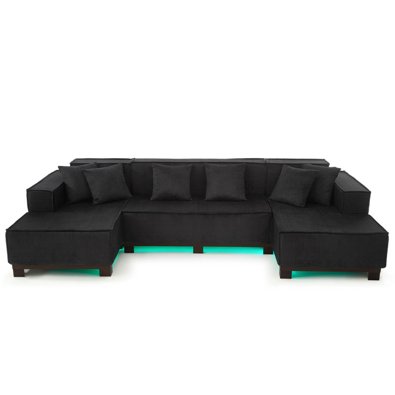 Modern 130" U-Shaped Sectional Sofa: RGB LED Light Strip, 6 Pillows, Ideal For Living Room, Black, Black