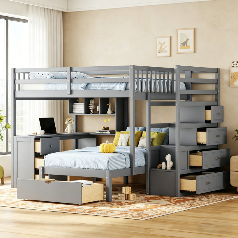 Lit superposé double au-dessus de simple avec bureau, tiroirs et tablettes, parfait pour la vie compacte et multifonctionnelle dans les maisons modernes.