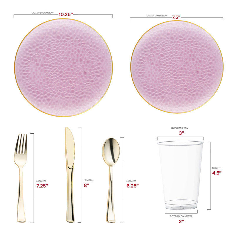 Ensemble de 60 verres martelés roses transparents à bordure dorée, jetables, en plastique, pour mariage.