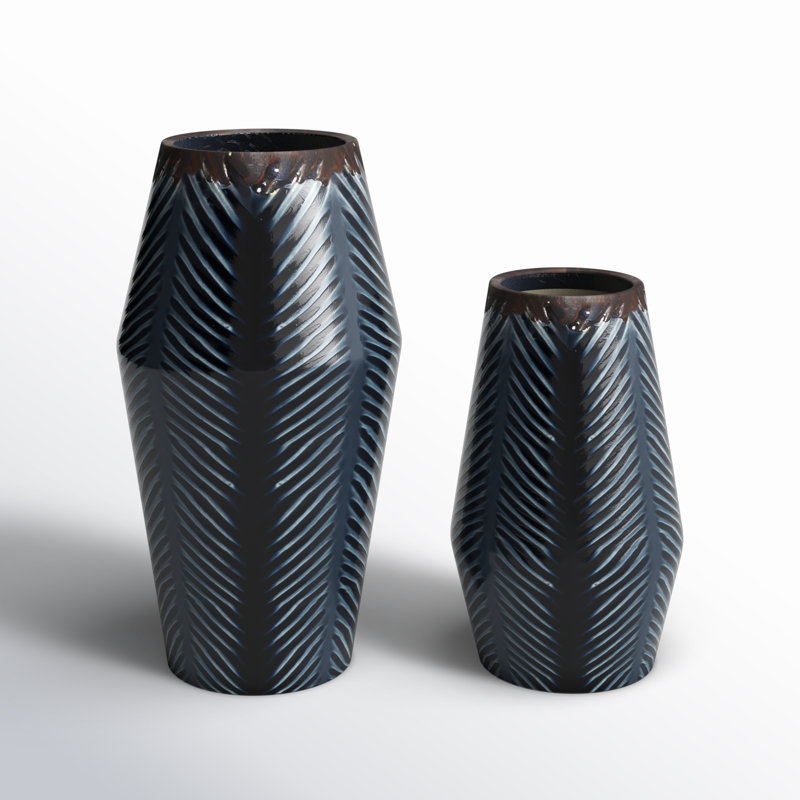 Dark Blue Chevron Ceramic Table Vase Set, 2-Piece