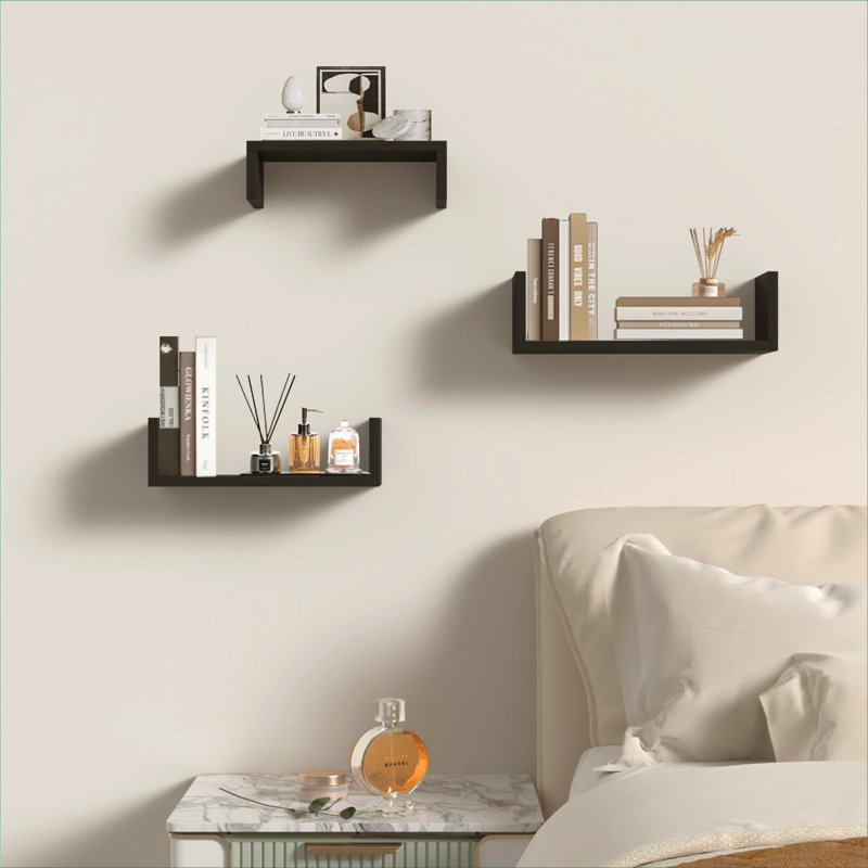 Ensemble de 3 tablettes murales flottantes, rangement mural et présentoir, bois massif noir de jais, tablettes décoratives multi-tailles pour le salon de la salle de bain