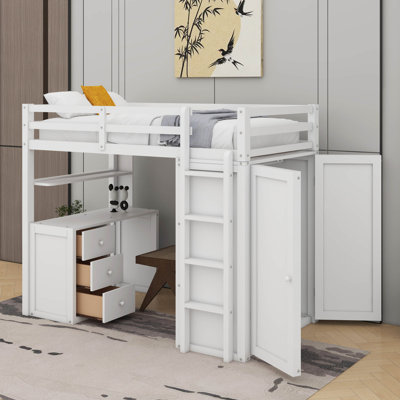 Twin Loft Bed With Drawers,Desk And Wardrobe