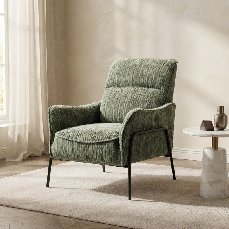 Fauteuil moderne rembourré simple, fauteuil d'appoint en tissu texturé rayé avec structure en métal noir pour le bureau du salon