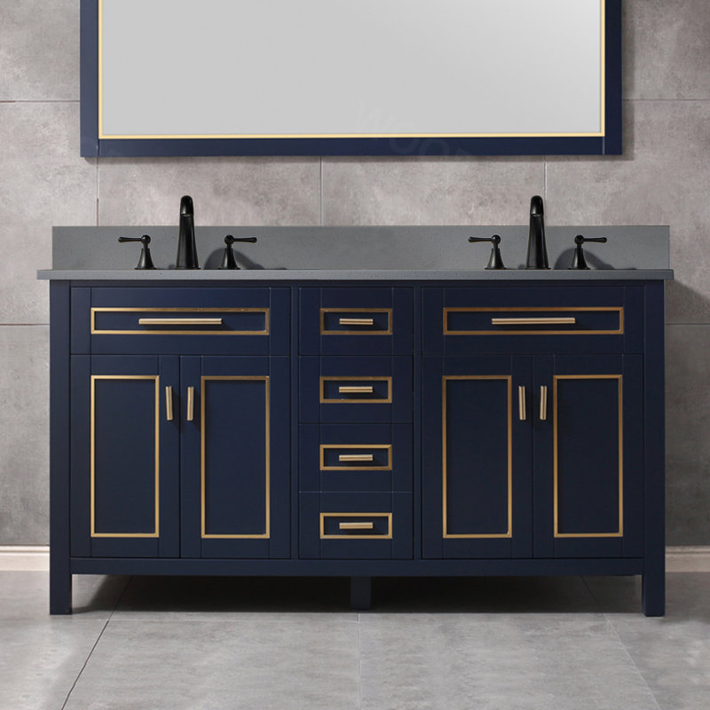 61" White and Black Trim Solid Wood Double Vanity with Carrara Marble Top