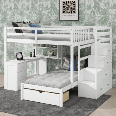 Full Over Twin Bunk Bed With Built-In Desk, Drawers, And Integrated Shelving
