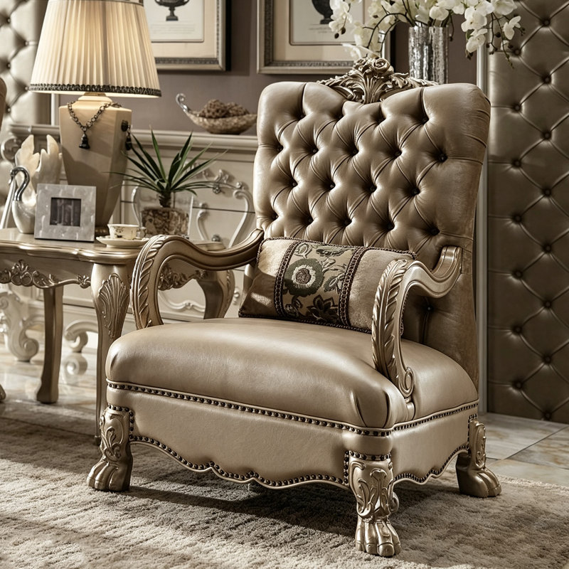 Fauteuil d'appoint vintage orné en bois massif sculpté, fauteuil ancien champagne à dossier haut avec capitonnage à boutons et garniture cloutée