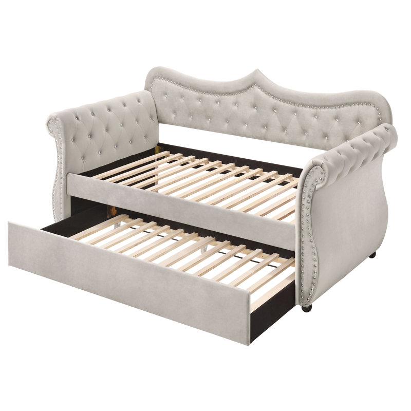 Lit de jour simple rembourré beige avec lit gigogne