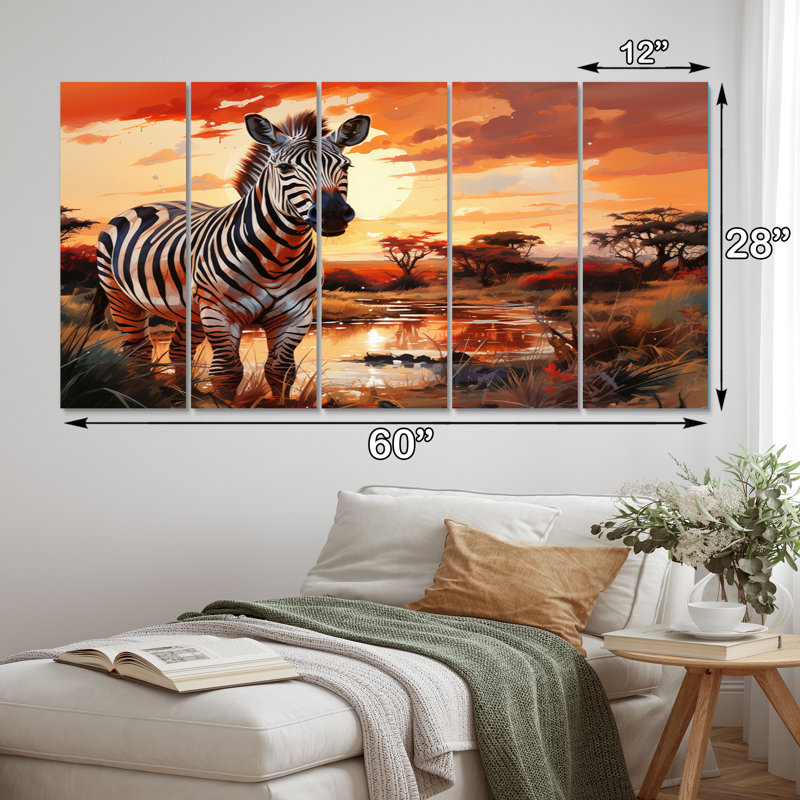 Zèbre marchant en Afrique I - animaux, reproduction d'art sur toile - 5 panneaux égaux