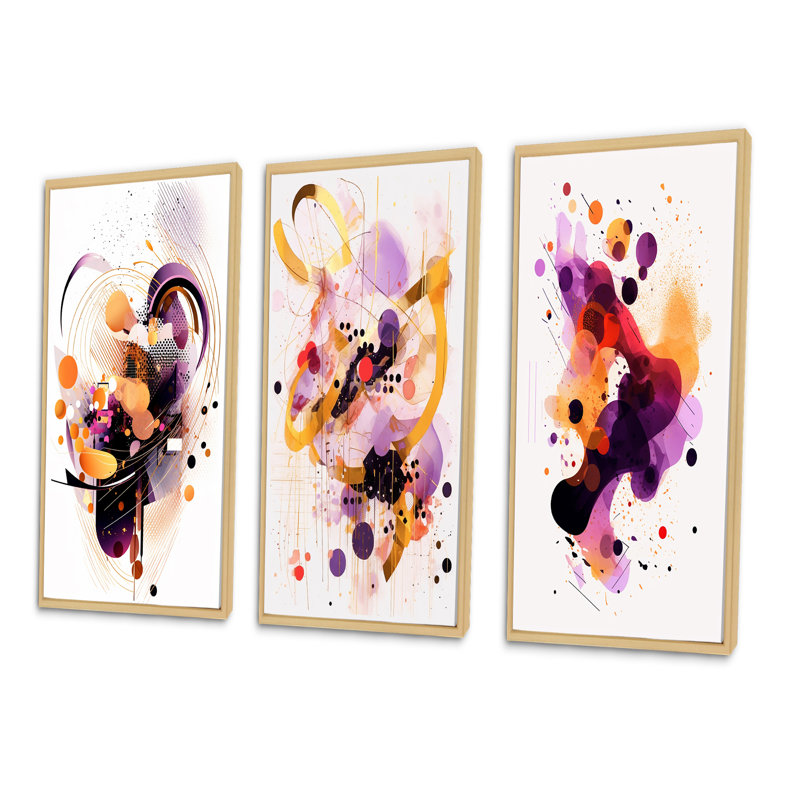 Orange And Purple Ethereal Reflections - Abstract Shapes Art Set Of 3 Pieces, Cadre naturel flottant, H 32 po x l 48 po