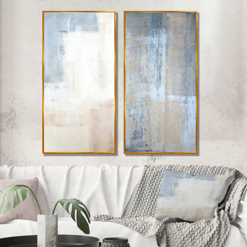 Ensemble de 2 peintures sur toile - "Grey rencontre beige", art abstrait V, H 20 po x l 24 po x P 1 po, Cadre flottant doré