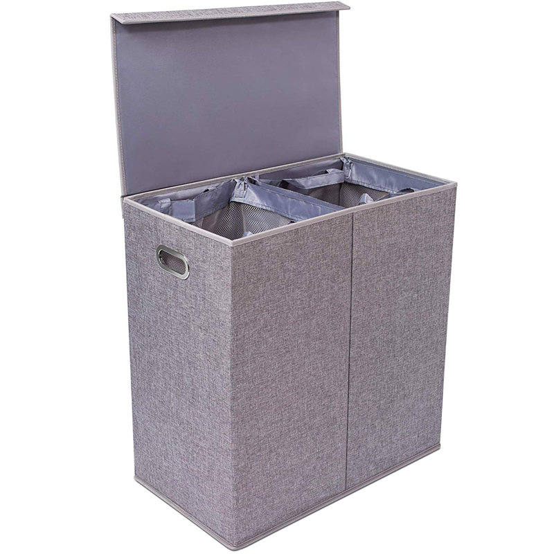 Double Gray Polyester Linen Collapsible Laundry Hamper with Lid