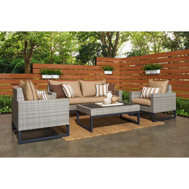 Milo 4 Piece Rattan Sunbrella Sofa Set with Cushions, Gray, Beige