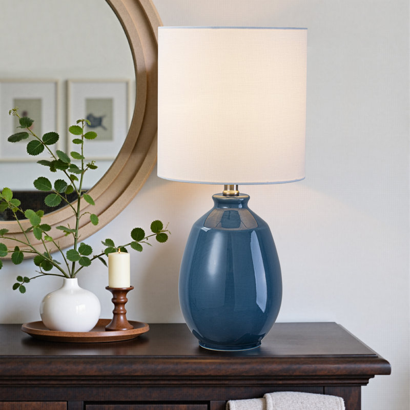 19in. Cobalt Blue Crackle Glaze Ceramic Table Lamp With White Linen Shade And Brushed Nickel Lamp Neck, Blue