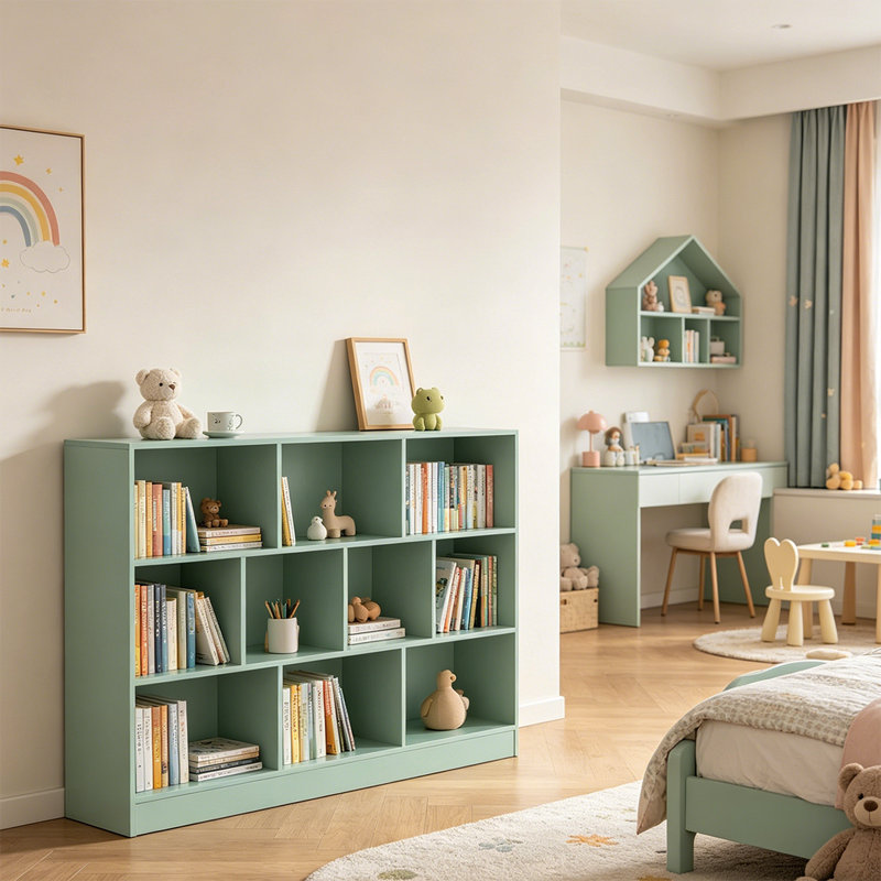 Bibliothèque en bois à 3 niveaux, armoire de présentation au sol avec base, bibliothèque de 10 cubes, Vert