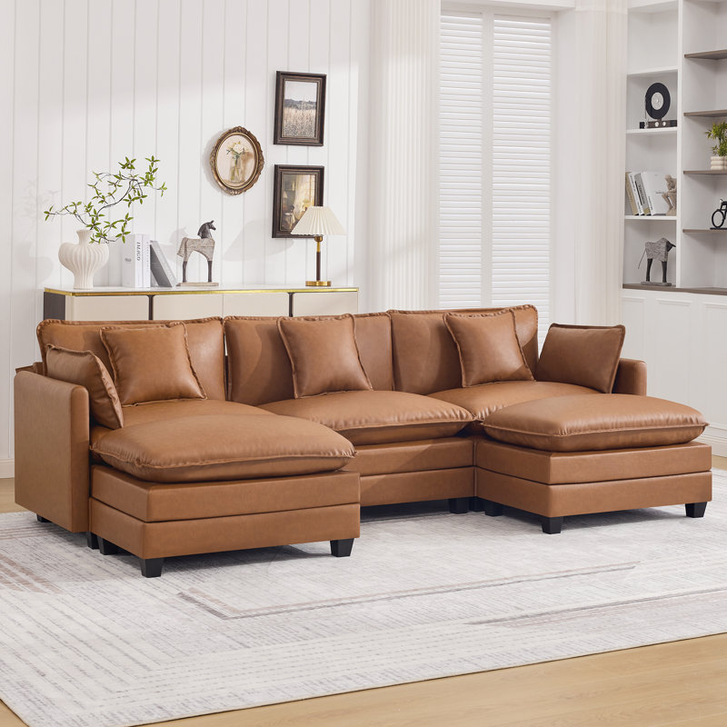 Canapé modulaire rembourré en similicuir avec repose-pieds, 3 Seat + 2 Ottoman, Marron clair