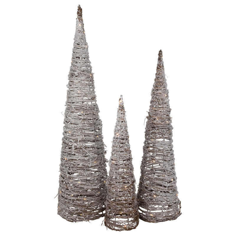 Set Of 3 LED Lighted Snowy Rattan Christmas Cone Tree Decorations 3.25'