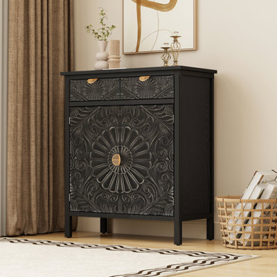 Vintage Carved Accent Cabinet with 2 Drawers and 2 Doors, Floral Embossed Storage Sideboard with Adjustable Shelf for Entryway, Living Room and Dining Room