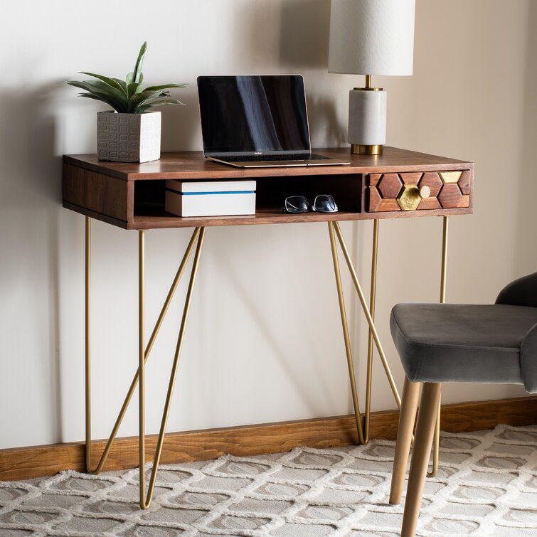 Mainstays Small Space Writing Desk with 2 Shelves, True Black Oak Finish