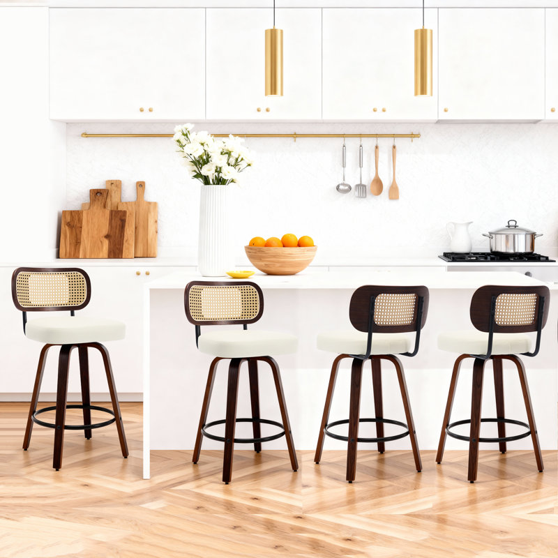 Modern Bar Stools Set Of 4, Adjustable 26 Inch Rattan Counter Height Stools With Cane Back，Swivel Counter Stools For Island/Kitchen/Counter/Bar
