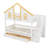 Twin Size Wooden House Roof Bunk Bed with Window Door and Roof,Storage Drawers and Staircase,White+Natural-550015731
