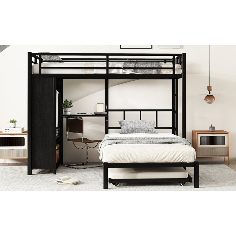 Twin Over Black Bunk Bed Made Of Metal With A Built - In Closet, Hidden Under Trundle, Foldable Nightstand Desk, And Quiet Function Great For Guest Rooms Featuring Pull Out Work Full Length