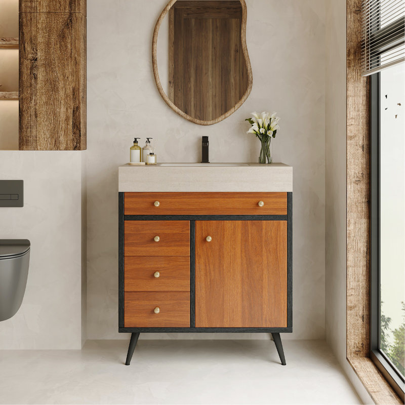 Meuble-lavabo moderne autoportant avec lavabo en céramique et plateau en pierre frittée, Gris