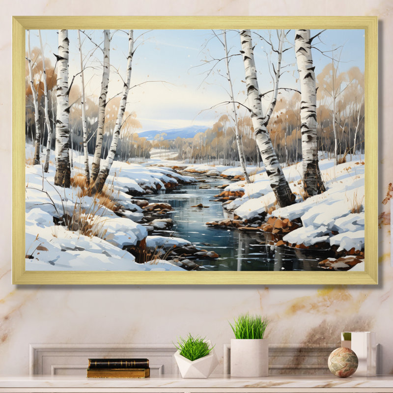 Birch Woods Winter Whispers I - impression sur toile de bouleau, Cadre doré simple, H 30 po x l 40 po x P 1,5 po
