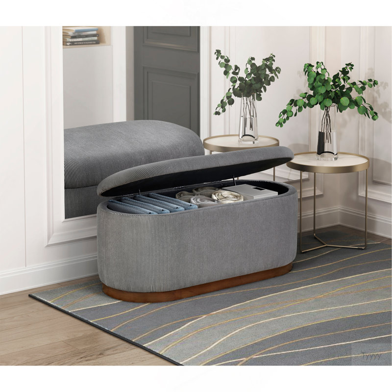 Banc de rangement Sio, velours côtelé gris côtelé, bois brun noyer de 43 pouces