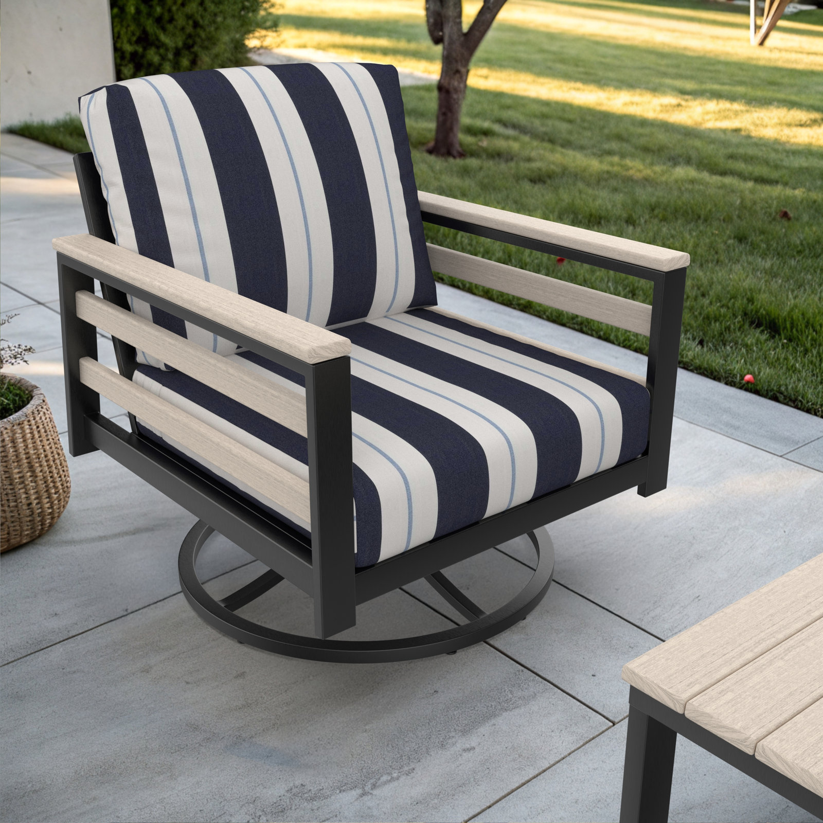 Townsend Sunbrella® Metal Swivel Patio Rocking Chair, White, Sunbrella Relate Harbor