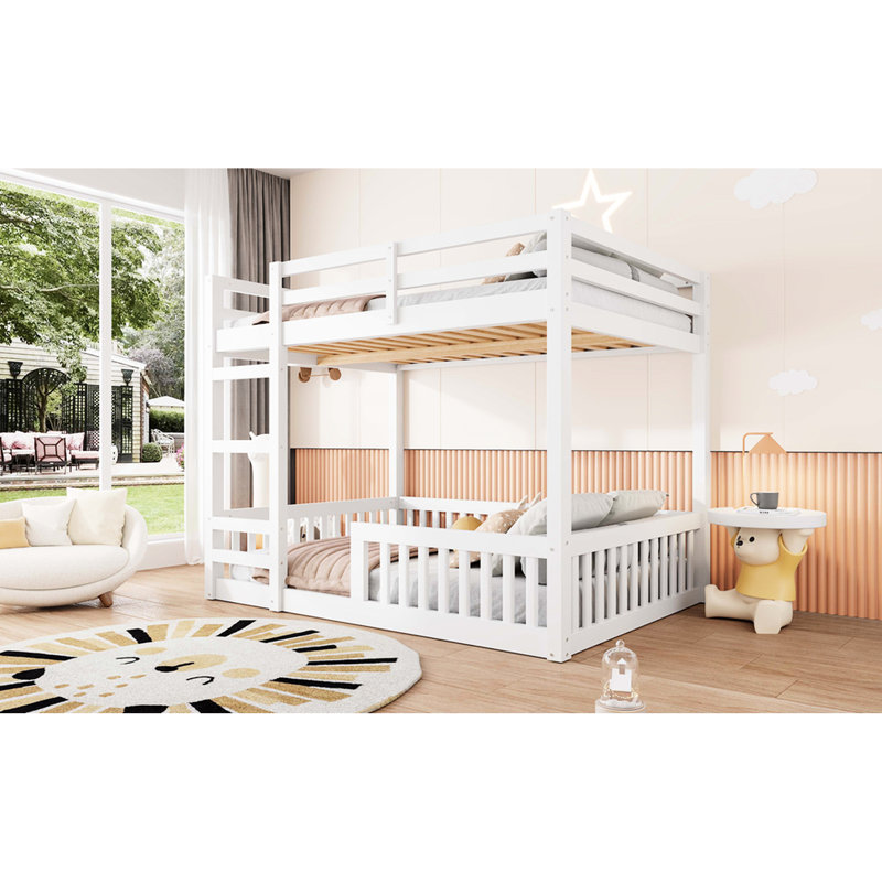 Lit superposé double blanc avec garde-corps, lattes en bois massif pour le soutien du matelas, grande capacité de poids, lit de style chambre à coucher, fabrication en pin, configuration familiale peu encombrante