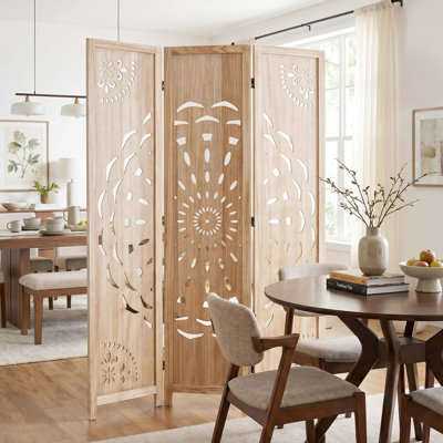 Paravent 6 panneaux pliant avec motif pivoine, finition bois clair
