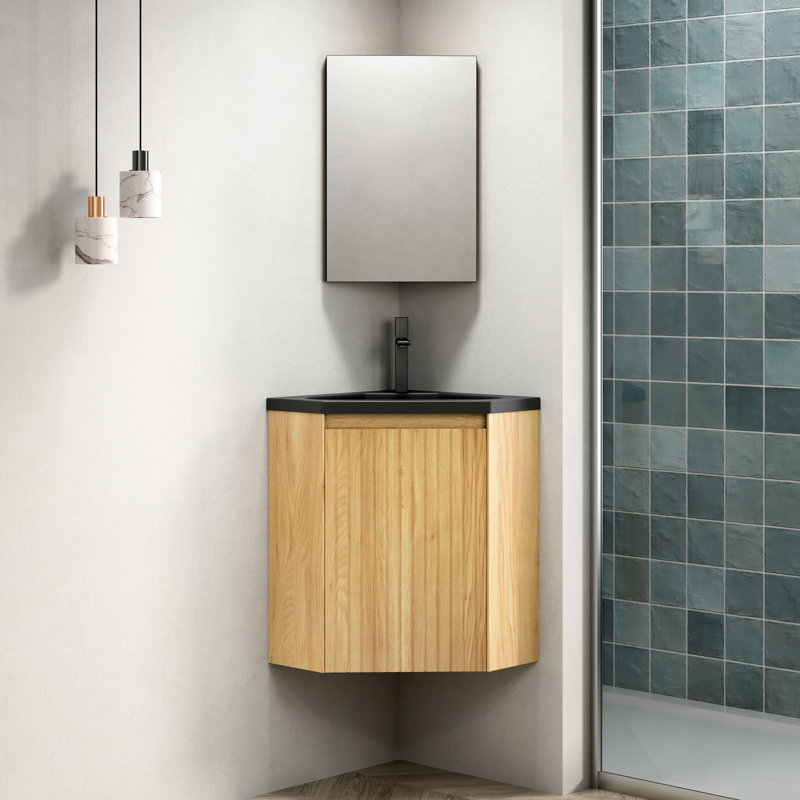 Meuble-lavabo suspendu triangulaire de 76 cm (30 po) avec lavabo intégré en résine noire, rangement en contreplaqué naturel pour petits coins, meuble assorti à la couleur de la pièce, coins préassemblés.