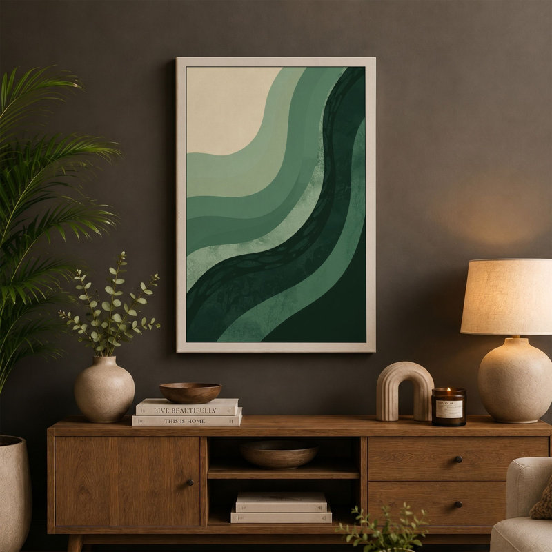 Flowing Green Layers Minimalist - Wrapped Canvas, 24x16 - 61.0 x 40.6 cm, Cream Border