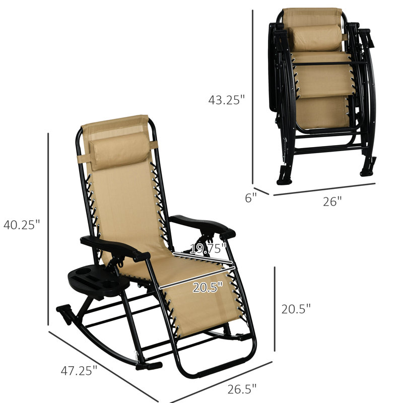 2Pcs Outdoor Rocking Chairs, Foldable Zero Gravity Lounge Rocker With Pillow, Cup & Phone Holder, Beige, Steady Steel Construction, No Assembly Needed For Effortless Mobility 2 Pieces Reclining