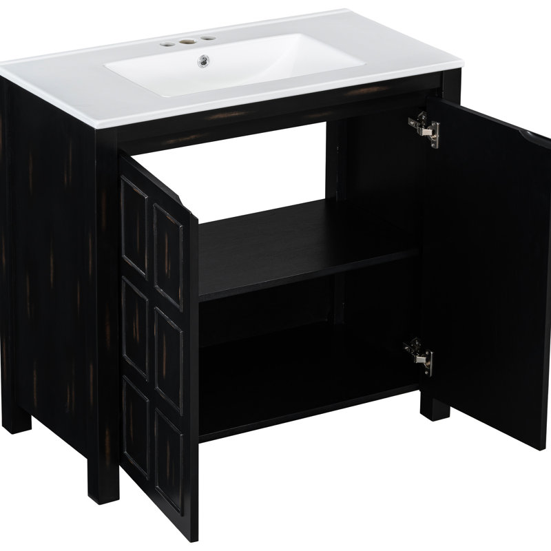 Organisateur de meuble-lavabo 36 po, lavabo en céramique, design rétro, armoire en bois massif, charnières à fermeture en douceur, organisateur de poignées dissimulées, cadre de style, portes, intérieur spacieux