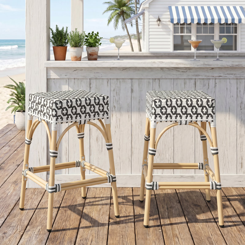Tabourets de bar en polyuréthane tissé Coastal, Noir / blanc