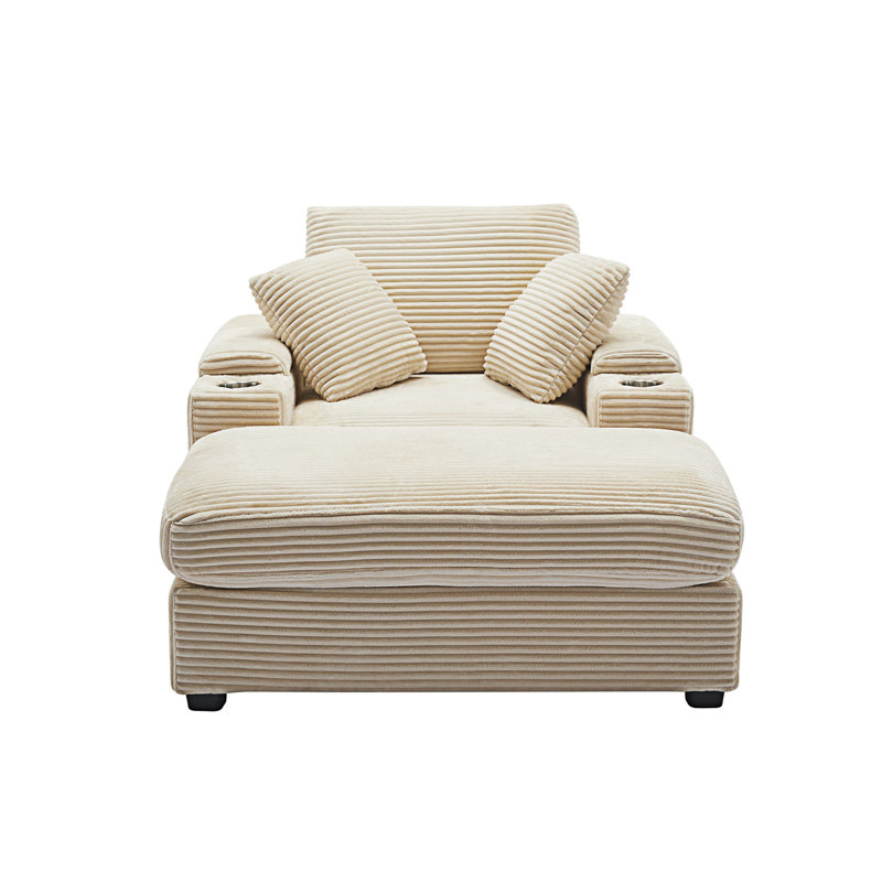 Canapé rembourré avec méridienne et rangement avec main courante et repose-pieds mobile, Beige