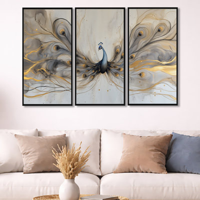 «Gold Peacock in Bloom - Bird», art mural 3 pièces