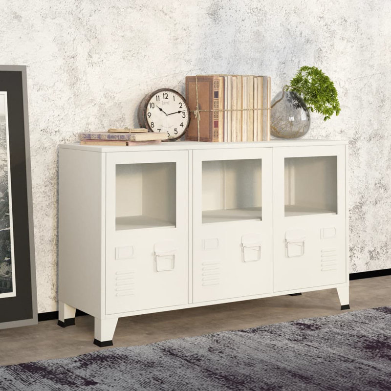 White Industrial Metal and Glass Accent Cabinet with Air Vents
